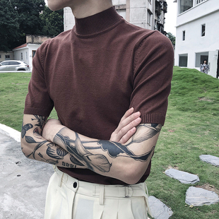 短袖 修身 设计感小高领t恤冰丝中领线衣潮 男薄款 网红半高领针织衫