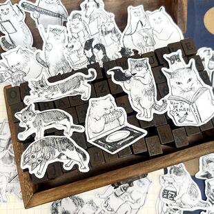 手绘素描街猫大佬社会猫 饰素材贴 日常表情贴纸手帐日记本自粘装