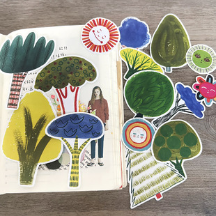 手帐儿童卡通手抄报植树节彩绘水彩小清新植物小树日记本贴纸素材