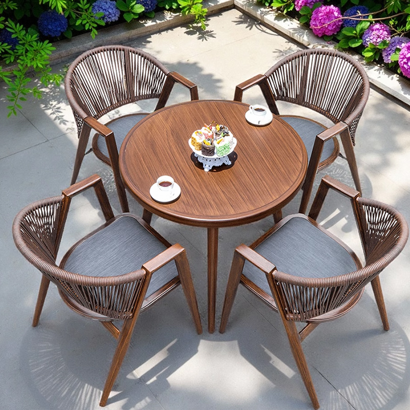 户外庭院藤椅茶桌椅室外藤编靠背椅露台花园防水仿木纹圆桌组合