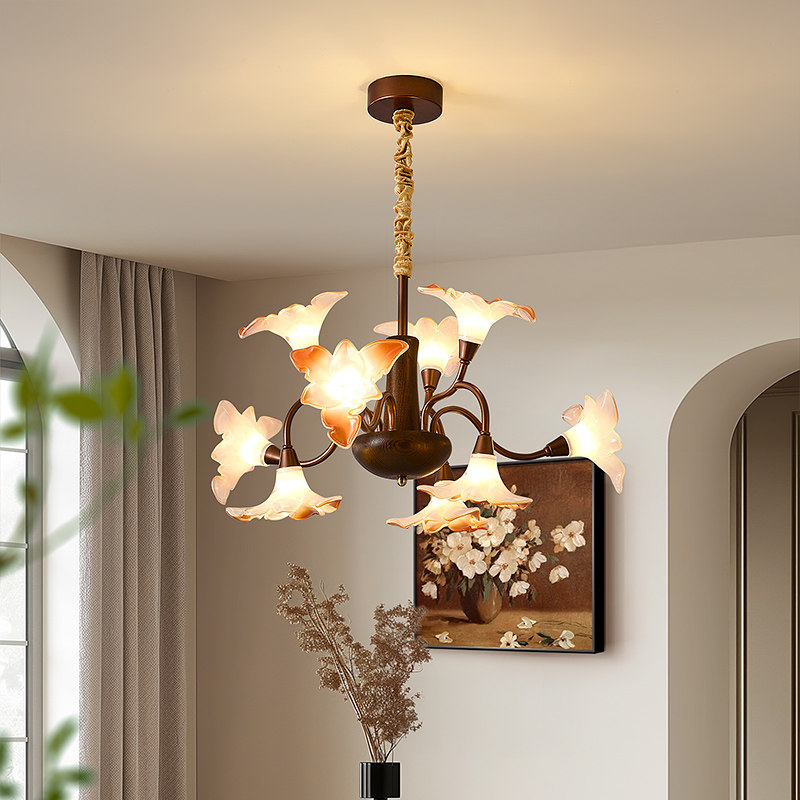 2026新款中古风铁艺吊灯客厅灯花朵叶子玻璃灯罩创意大气卧室灯具,家装灯饰光源,客厅吊灯,淘宝优惠券,粉丝福利购,淘宝优惠卷