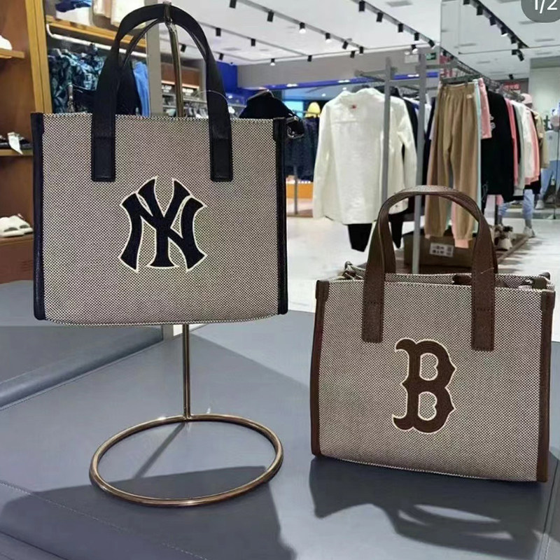 MLB专柜22年新款牛仔拼色托特包NY刺绣休闲大容量单肩包手拎包_虎窝淘