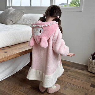 美乐蒂女童法兰绒家居袍秋冬儿童珊瑚绒睡袍女孩浴袍加绒加厚睡衣