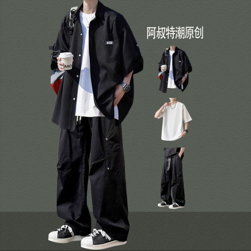 bentidea 男生凉感短袖衬衫套装夏季宽松休闲痞帅气感青少年