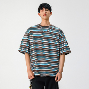 BENT IDEA条纹短袖T恤男夏季新款质感cleanfit刺绣圆领半袖体恤衫