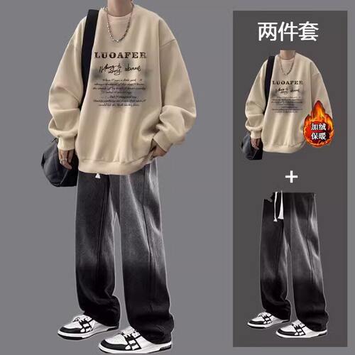 bdct brand 加绒卫衣套装秋冬季新款美式复古圆领上衣宽松牛仔裤