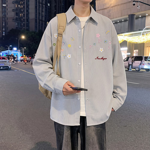 日系盐系秋新立体花刺绣条纹衬衫