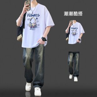BENTIDEA 美式潮牌宽松短袖T恤男夏季青少年休闲套装潮流帅气