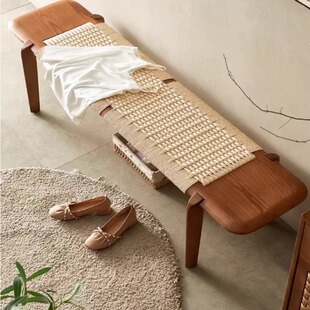 入门玄关换鞋凳实木绳编长凳餐凳实木长条凳卧室法式床尾凳日式凳