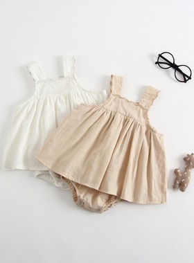 女童夏季新款婴幼儿哈衣裙白色时尚连体衣简约吊带宝宝爬服