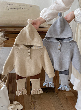 2026春秋季女宝宝针织毛衣两件套韩版潮款简约精灵帽毛衣裤子套装