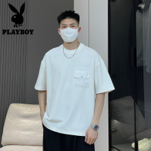 男t恤休闲衣服男装 PLAYBOY 花花公子2024夏季 薄款 口袋短袖 潮T 新款