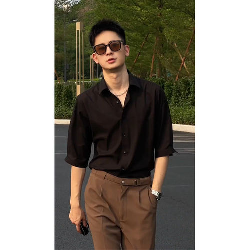 夏季薄款冰丝痞帅男士七分袖衬衫