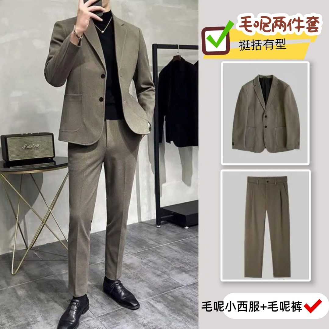 秋冬成熟风加厚毛呢西服套装男士