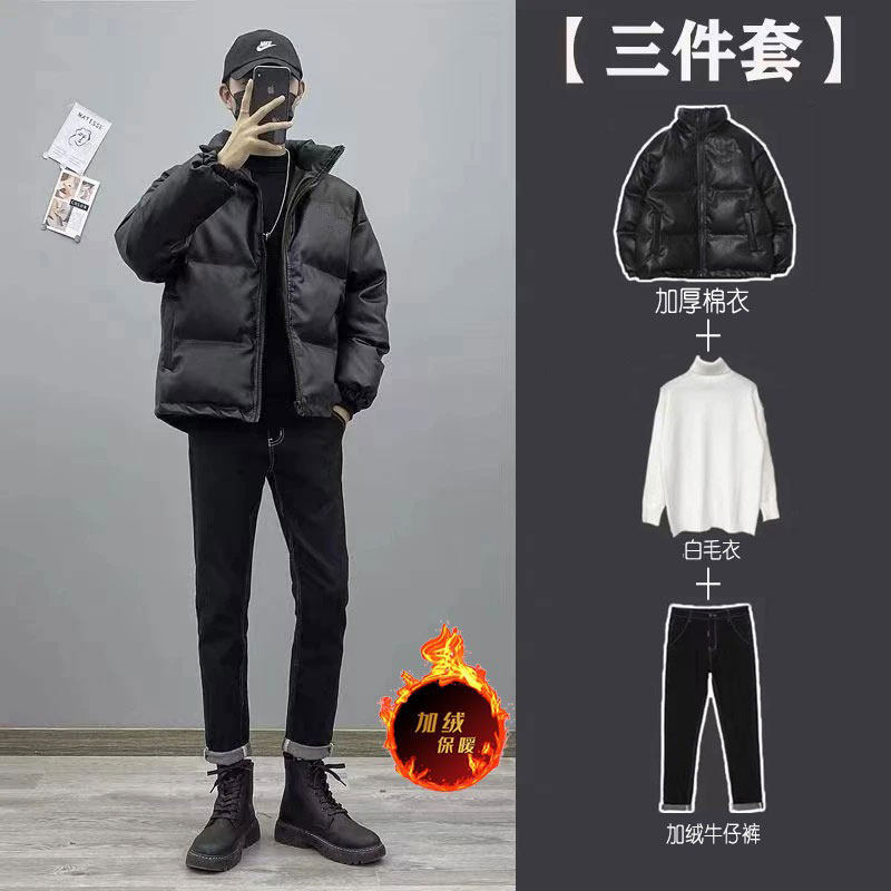 冬季pu棉服套装搭配加绒牛仔裤男士三件套加厚保暖棉袄外套一整套,男装,休闲运动套装,淘宝优惠券,粉丝福利购,淘宝优惠卷