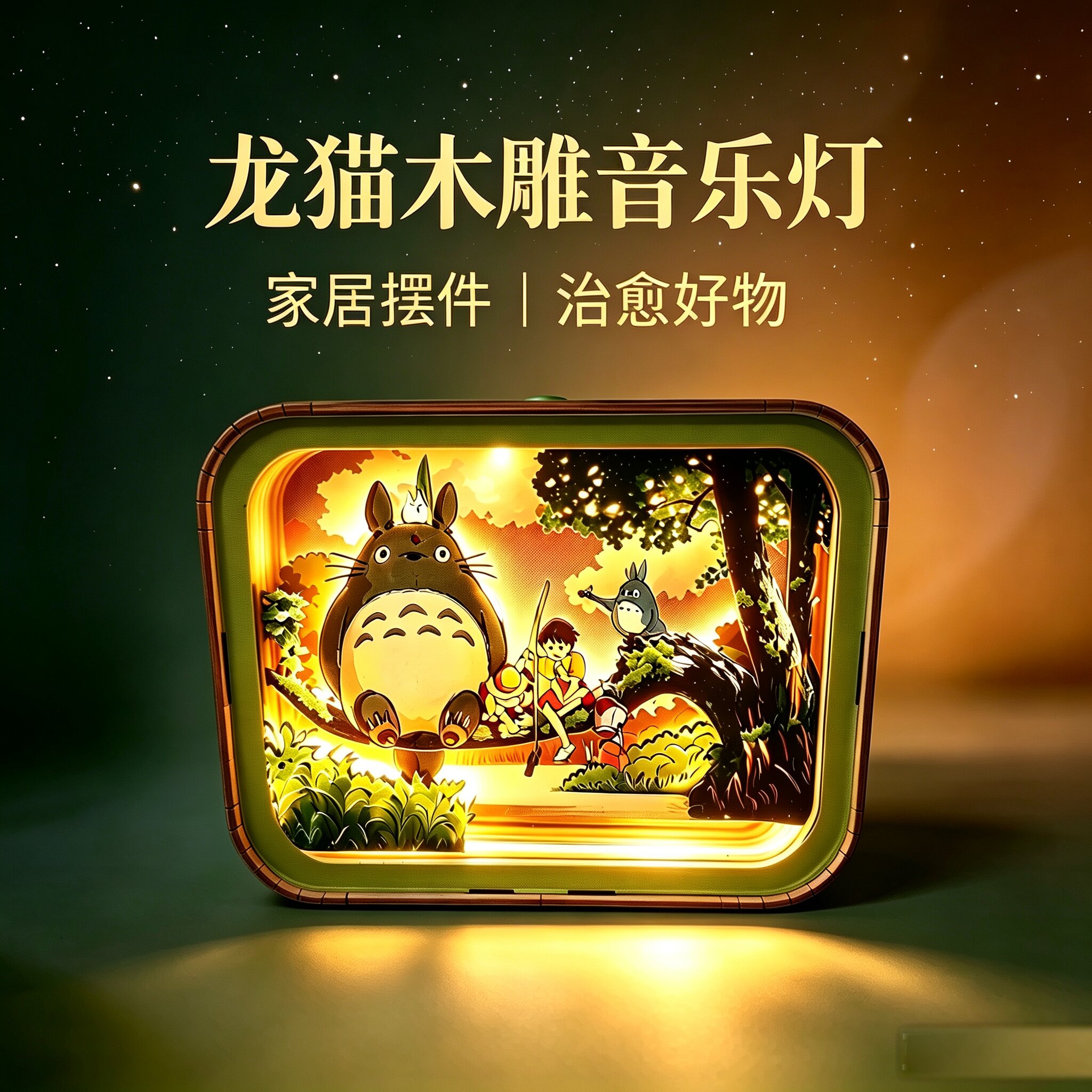 龙猫木雕音乐灯八音盒氛围小夜灯