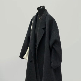 黑灰色双面羊绒大衣女2025新款 韩宽松显瘦慵懒风羊毛呢双排扣外套