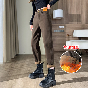 高腰宽松小个胖mm萝卜老爹裤 咖啡色加绒哈伦牛仔裤 女秋冬2025新款