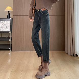 胖mm萝卜老爹裤 加绒哈伦牛仔裤 松紧高腰加厚大码 2025新款 女秋冬季