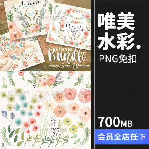 唯美手绘水彩花卉手账叶子鹿角图案婚礼请柬贺PNG免扣PS设计素材