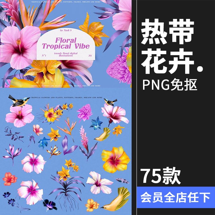 潮流复古宫廷热带丛林花卉植物插画拼贴图案元素PNG免抠图片素材,商务/设计服务,设计素材/源文件,淘宝优惠券,粉丝福利购,淘宝优惠卷