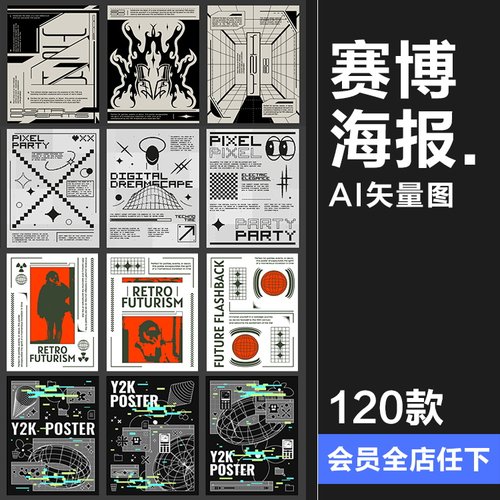 潮流Y2K艺术抽象科技机能赛博朋克科幻未来海报模板AI矢量图素材