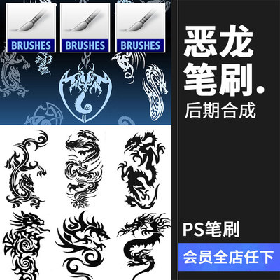 神龙邪恶魔龙恶龙后期合成装饰图案装饰PS设计abr笔刷笔触素材