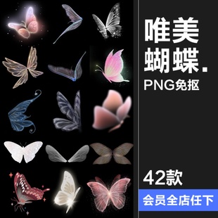 唯美梦幻蝴蝶透明翅膀白色发光海报后期合成修图PNG免抠美工素材