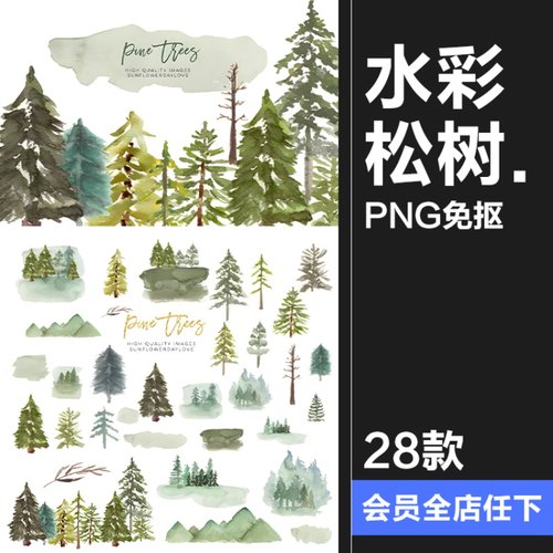 手绘绿色水彩松树森林绿植意境贴图剪贴画PNG免抠图插画元素素材