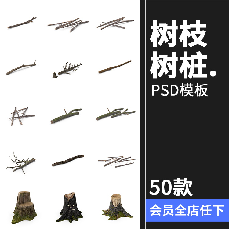 秋季枯叶落叶枯树枝干柴火树桩平面后期合成PSD源文件模板PS素材