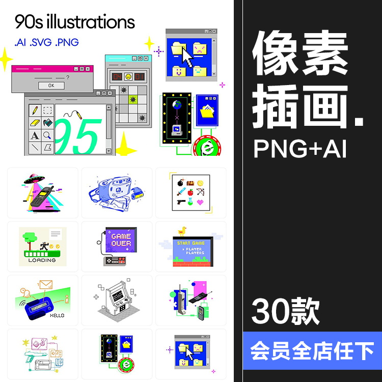 90年代潮流复古怀旧数码科技PC电脑像素画插图插画AI矢量PNG素材使用感如何?