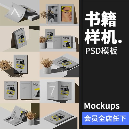 欧式极简冷淡风A4画册书本杂志书籍智能贴图样机PSD模板PS素材