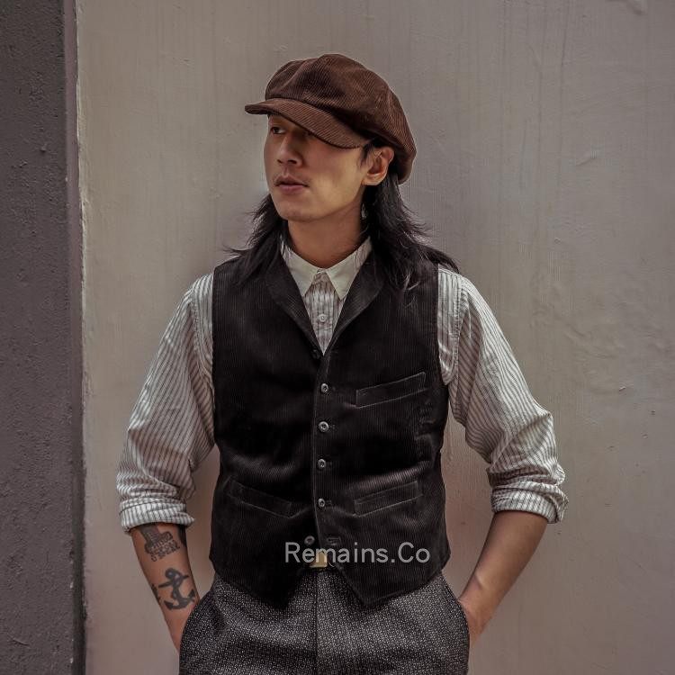 remains灯芯绒法式复古猎装条绒工装西部青果领马甲三色rrl风格
