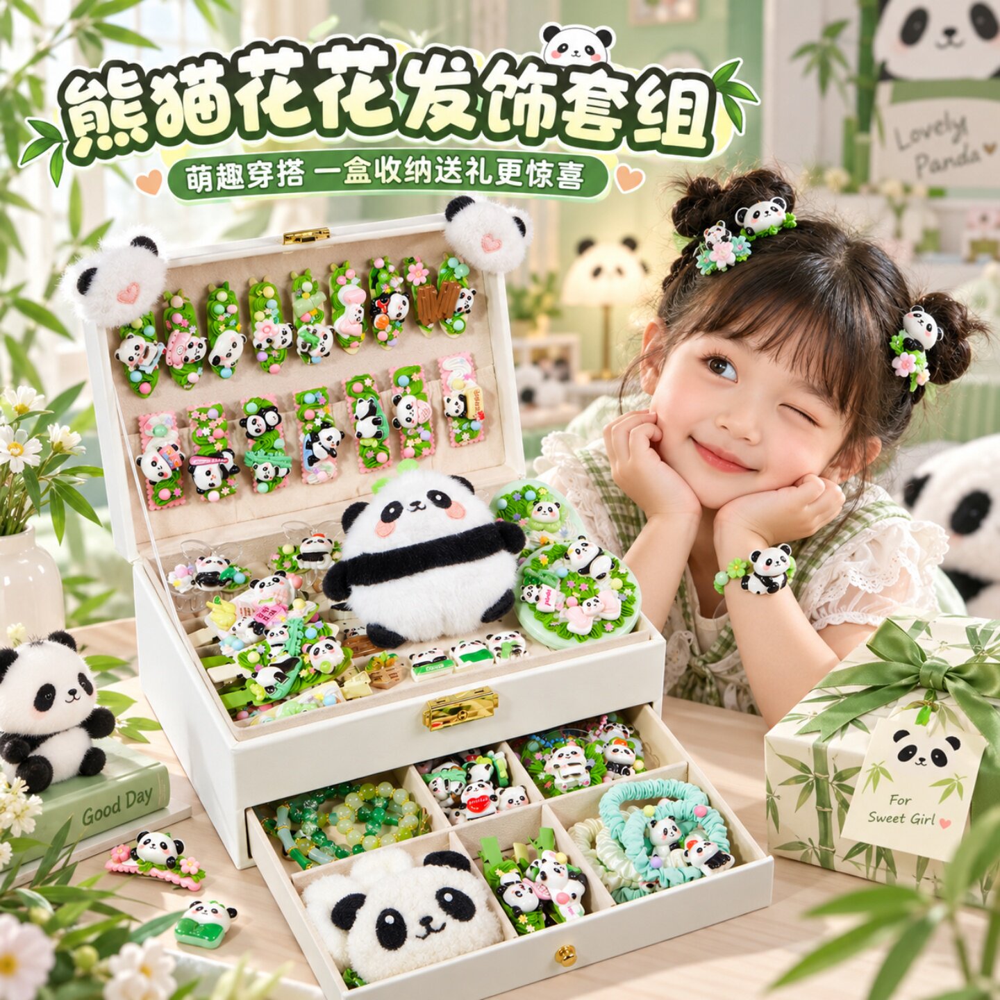熊猫花花奶油胶发饰礼盒2026款
