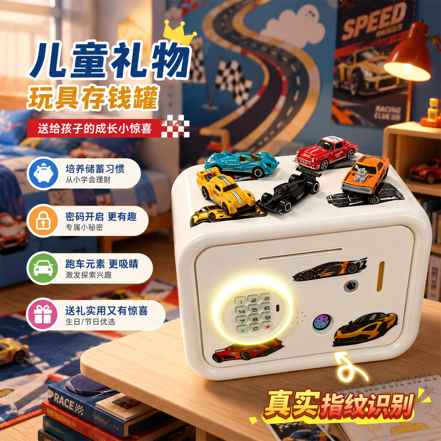 儿童跑车指纹密码自动卷钞存钱罐
