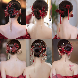 新娘敬酒服头饰中式复古酒红色头花森系超仙发饰套装结婚礼服配饰