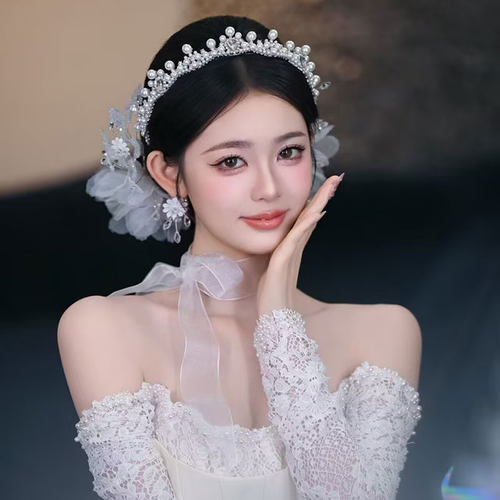 新娘珍珠皇冠头饰套装婚纱发饰气质百搭结婚仪式三件套2026年新款