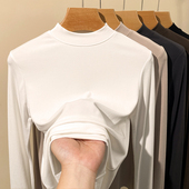 纯棉半高领打底衫 小立领 女白色t恤正肩洋气秋冬上衣修身 内搭长袖