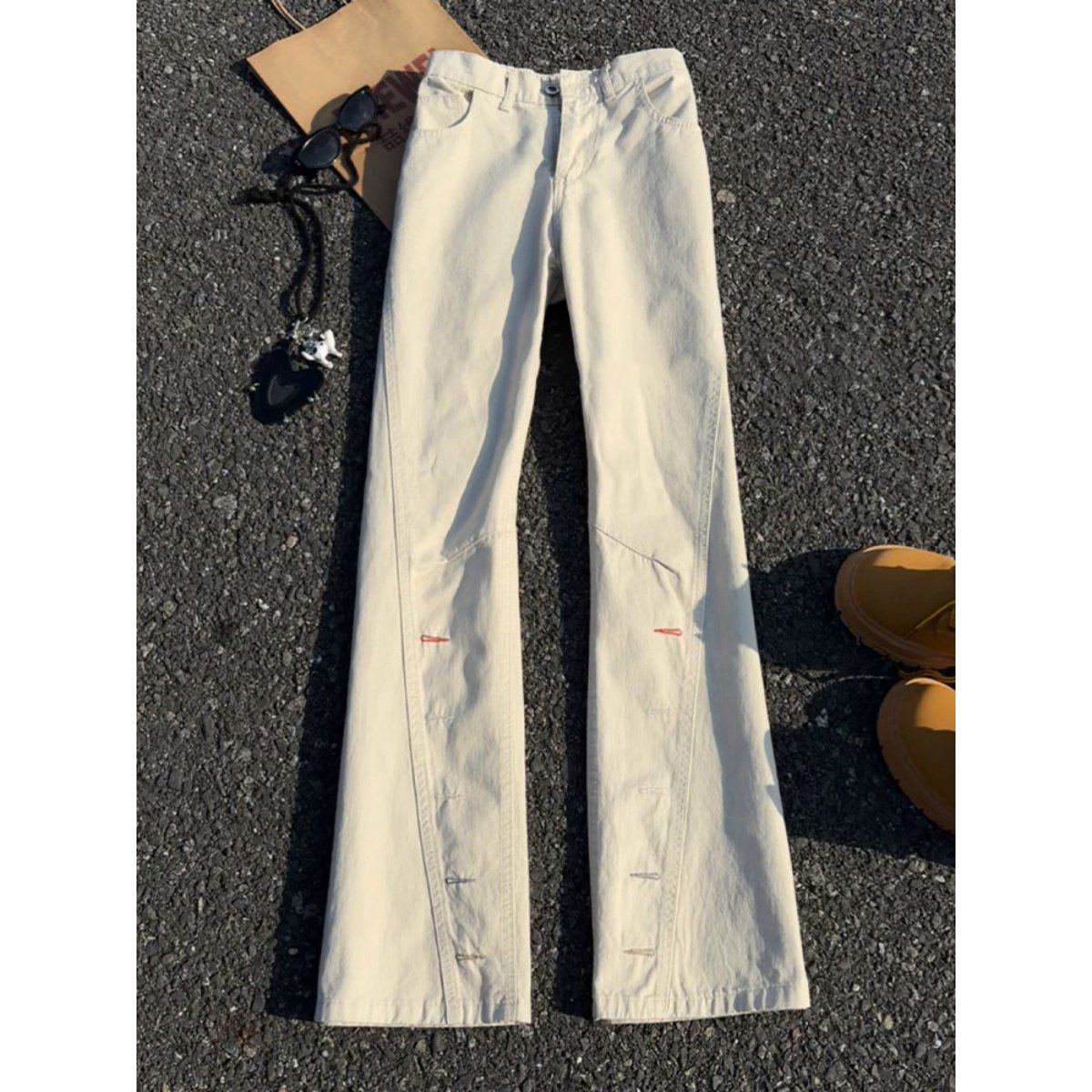 美式高街vibe扣眼刺绣微喇牛仔裤男款春秋斜切工装裤复古弯刀长裤,男装,牛仔裤,淘宝优惠券,粉丝福利购,淘宝优惠卷