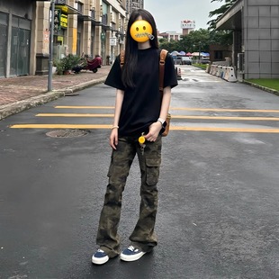 美式复古迷彩牛仔裤男女款vibe风工装高街痞帅修身显瘦直筒微喇裤