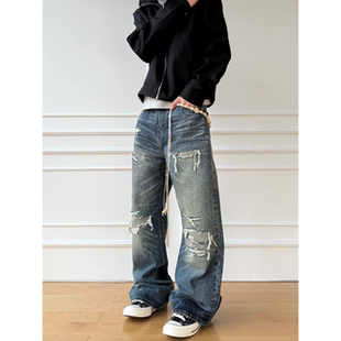 美式复古水洗补丁破洞牛仔裤男女款做旧小众痞帅宽松直筒阔腿裤子