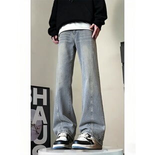 美式高街斜切微喇牛仔裤男款春秋痞帅复古cleanfit裤子修身直筒裤