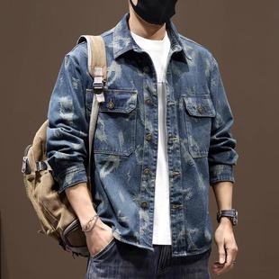 痞帅休闲工装 欧美轻奢复古提花牛仔衬衫 新款 2024秋季 牛仔外套 男款