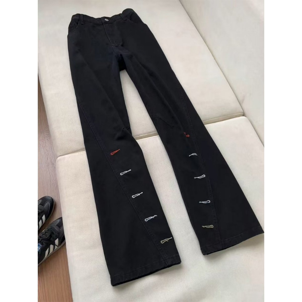 美式高街复古刺绣微喇牛仔裤男款春秋百搭斜切工装裤显瘦直筒长裤,男装,牛仔裤,淘宝优惠券,粉丝福利购,淘宝优惠卷