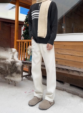 白色加绒微喇牛仔裤男款冬新款cleanfit显瘦显腿长美式直筒弯刀裤