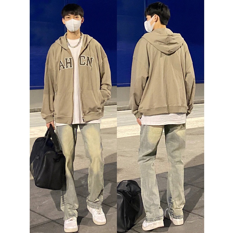 美式复古黄泥色牛仔裤男潮牌水洗