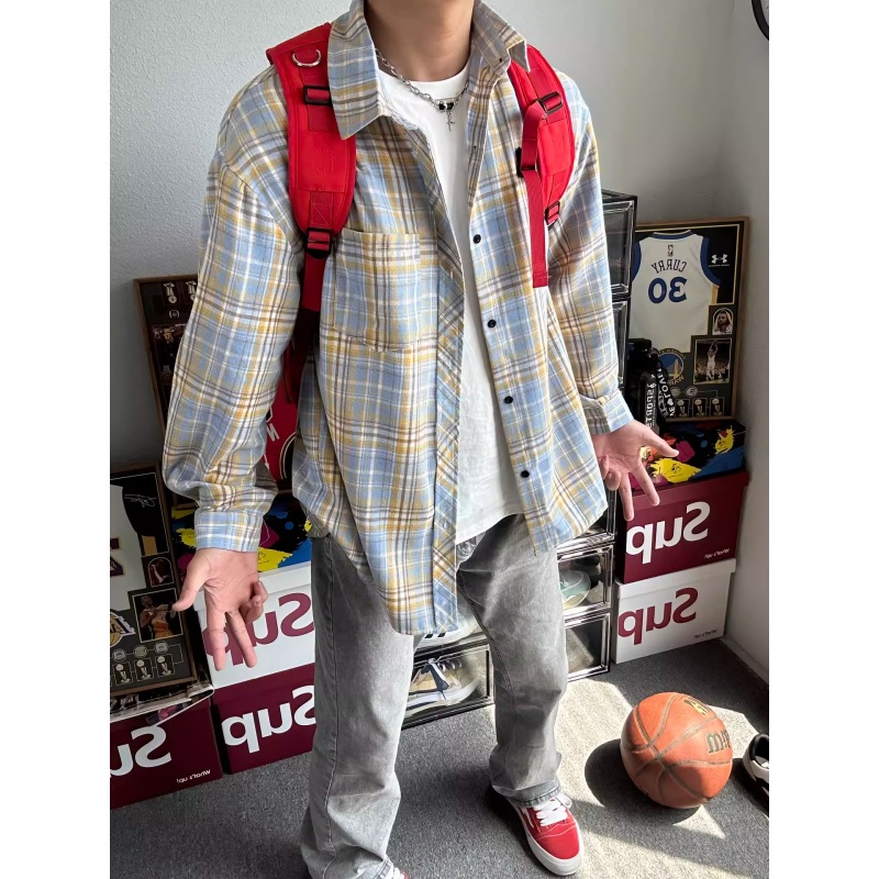美式黄蓝格子衬衫男春秋新款