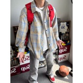 男春秋新款 美式 黄蓝格子衬衫 高级感cleanfit格纹vintage衬衣外套