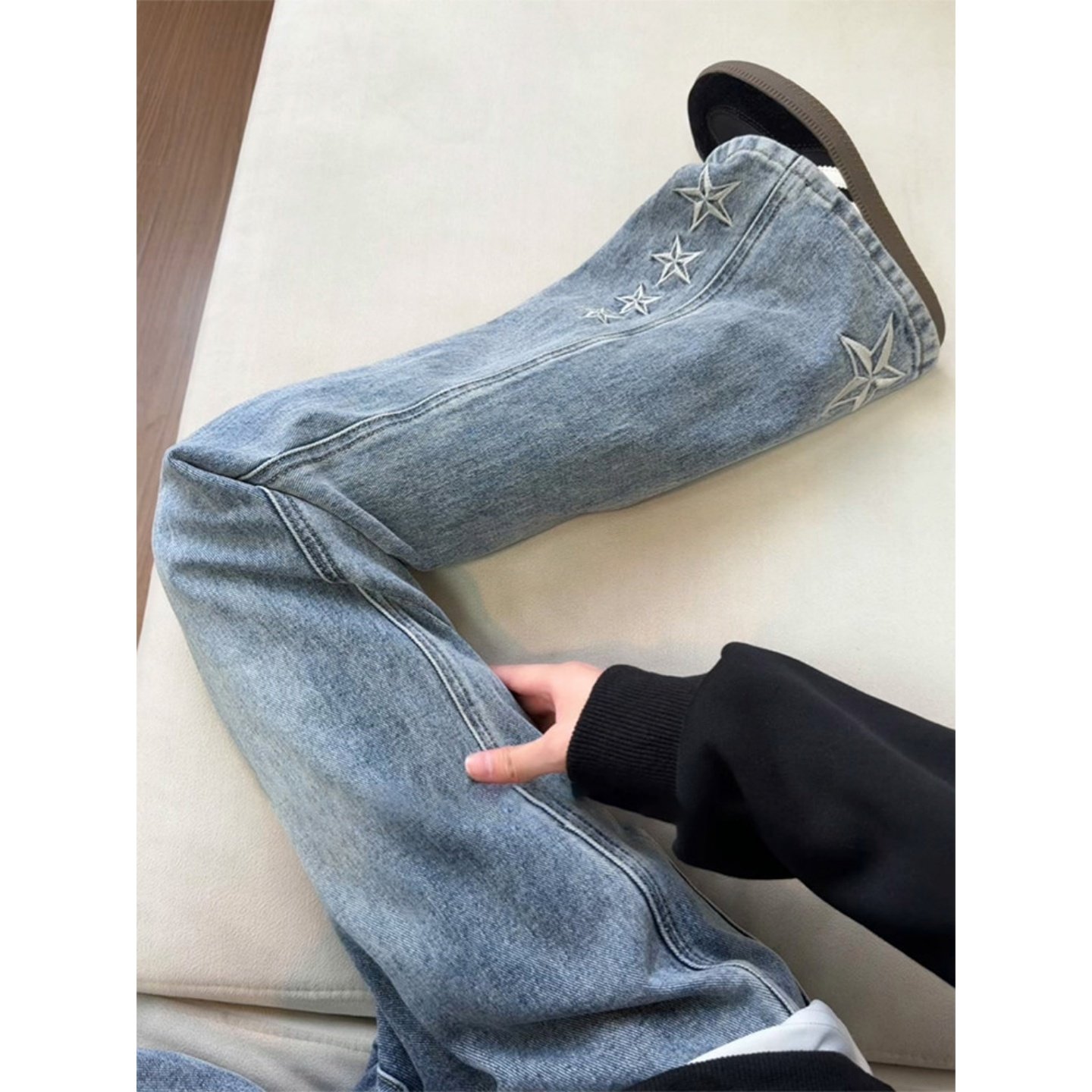 美式高街星星刺绣微喇牛仔裤男款潮牌复古直筒裤子窄版显瘦弯刀裤,男装,牛仔裤,淘宝优惠券,粉丝福利购,淘宝优惠卷