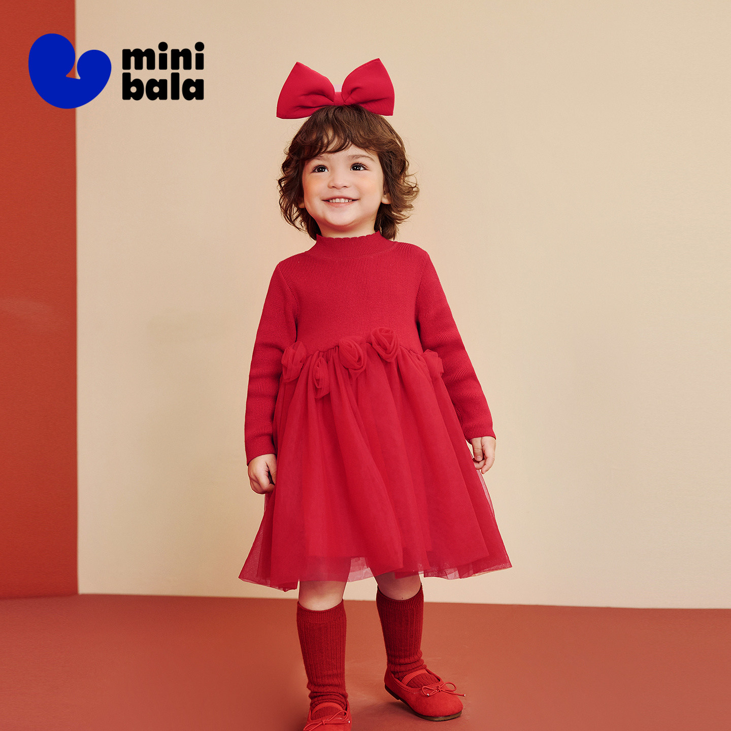 迷你巴拉女童连衣裙宝宝纱裙甜美儿童半高领公主裙子2025冬新年